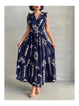 PIMU - V-Neck Maxi Dress With Belt Blue