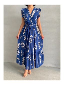 PIMU - V-Neck Maxi Dress With Belt Royal-Blue