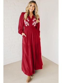 Errabelly - Racing Red Contrast Embroidered Detail Long Sleeve Maxi Dress