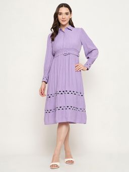 Madame - Tiered Belted Purple Knee Shirt Dress with Belt