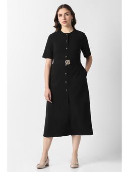 Van Heusen - Women Black Solid Calf-Length Party Dress with Belt
