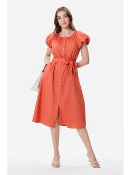 Virgio - Solid Cotton Bubble Sleeve Midi Dress For Women