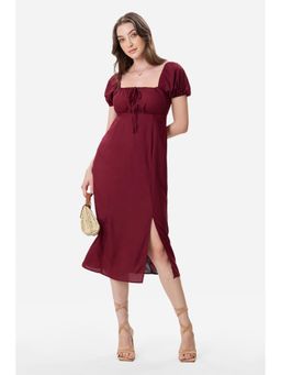 Virgio - Solid Viscose Puff Sleeve Maroon Midi Dress For Women