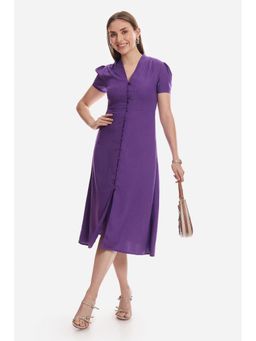 Virgio - Solid Viscose V-Neck Gathered Midi Dress For Women