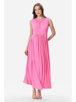 Virgio - Solid Viscose Gathered Sleeveless Pink Maxi Dress For Women
