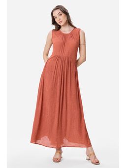 Virgio - Solid Viscose Gathered Sleeveless Rust Maxi Dress For Women