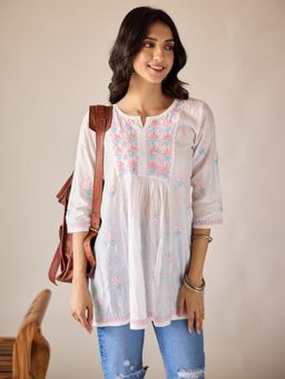 Old Marigold - Anamika White Chanderi Hand Embroidered Short Chikankari Kurti