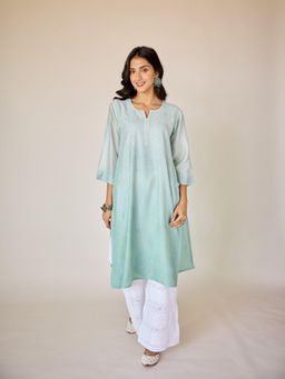 Old Marigold - Basima Turquoise Ombre Chanderi Hand Embroidered Chikankari Kurta