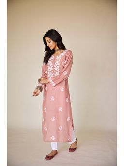Old Marigold - Crest Dusty Pink Muslin Hand Embroidered Chikankari Kurta