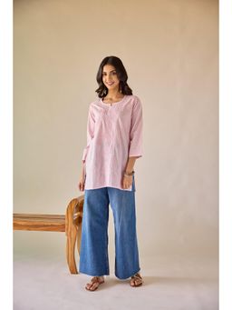 Old Marigold - Ekta Pink Cotton Hand Embroidered Short Chikankari Kurti