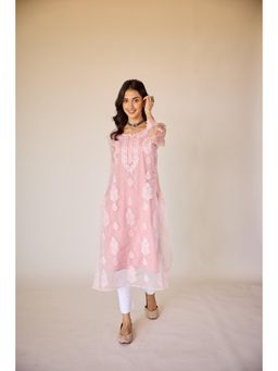 Old Marigold - Nimrah Pink Organza Hand Embroidered Chikankari Kurta With Slip (Set of 2)