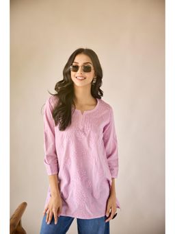 Old Marigold - Sonam Pink Cotton Hand Embroidered Short Chikankari Kurti