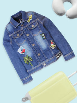 KiddoPanti - Boys Full Sleeves Denim Jacket with Multi Badge