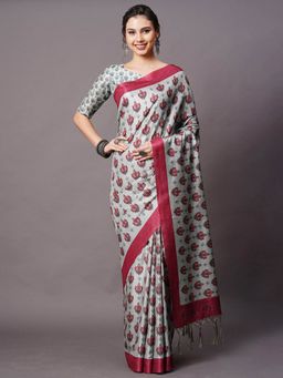 Odette - Grey Festive Silk Blend Printed Saree with Unstitched Blouse