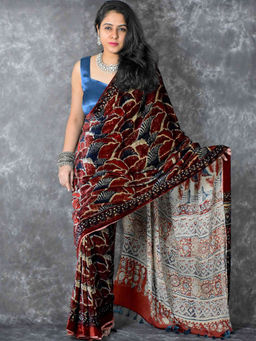Sundarii - Helena Ajrakh Silk Velvet Saree without Blouse