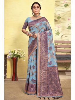 Sangam Prints - Sky Blue Cotton Woven Zari Work Traditional Tassel Saree with Unstitched Blouse