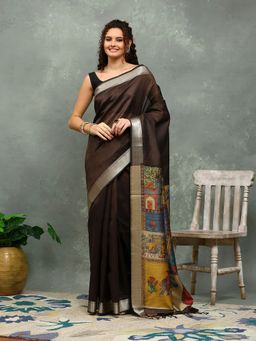 MEENA BAZAAR - Art Silk Printed Brown Saree with Unstitched Blouse