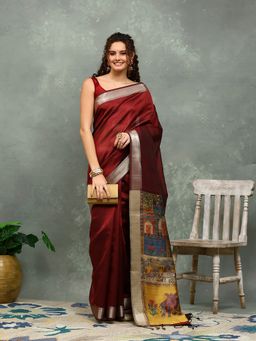 MEENA BAZAAR - Art Silk Printed Maroon Saree with Unstitched Blouse