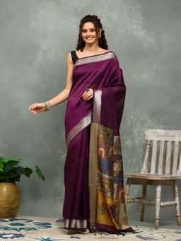 MEENA BAZAAR - Art Silk Printed Purple Saree with Unstitched Blouse