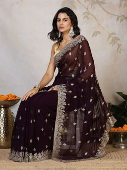 MEENA BAZAAR - Georgette Embroidered Purple Saree with Unstitched Blouse