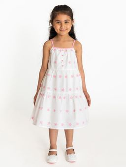 Campana - Girls Cotton Myra Midi Dress - Floral Embroidered - White & Pink