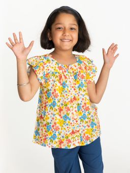 Campana - Girls Erika Flutter Sleeve Button Down Top - Floral Print - Multi Color