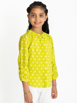 Campana - Girls Cotton Anne Crinkle Sleeve Shirt - Khari Floret Print - Lime Green