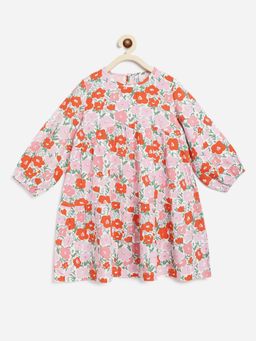 Campana - Girls Zoya Flared Dress - Poppy Flower Print - Orange & Pink