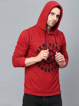 RIGO - Men Red Hooded Printed Fleece Sweatshirt