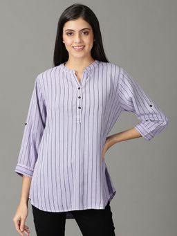 SHOWOFF - Womens Three-Fourth Sleeves Mandarin Collar Lavender Striped Top