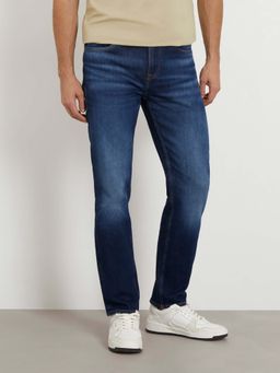Guess - Blue Cotton Blend Solid Slim Fit Jeans