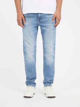 Guess - Blue Cotton Blend Solid Slim Fit Jeans