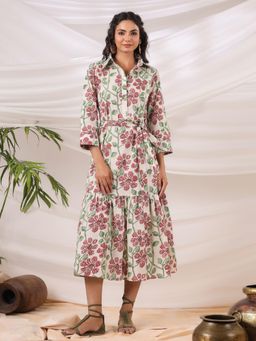 Gahan - White Printed Collared Pockets Dress with Belt