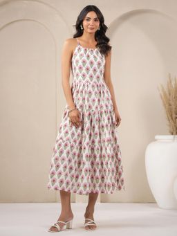 Gahan - White Booti Handblock Printed Cotton Midi Dress