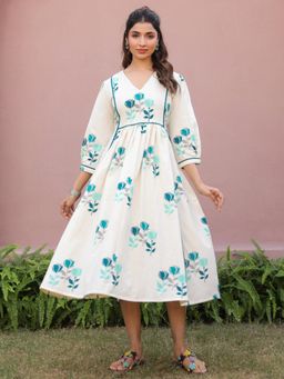Gahan - White Flex Teal Floral Printed Flared Dress