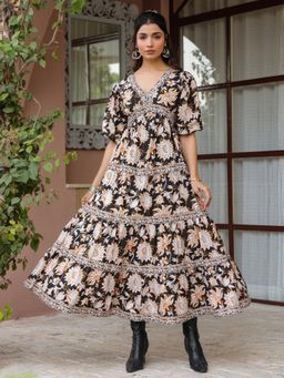 Gahan - Black Floral Printed Tiered Flared Dress