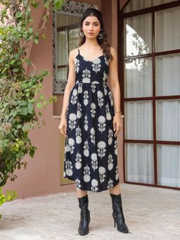 Gahan - Black Floral Printed Sleeveless Midi Dress