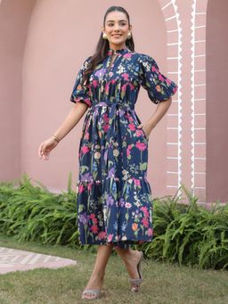Gahan - Navy Blue Floral Printed Tiered Dress with Belt