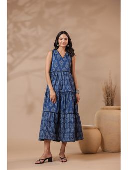 Gahan - Indigo V-Neck Handblock Printed Dress