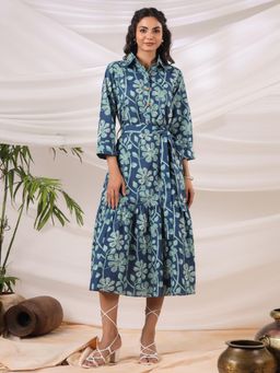 Gahan - Teal Printed Collared Pockets Dress with Belt