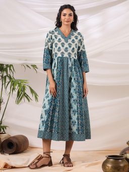 Gahan - Anokhi Teal Printed Cotton Dress