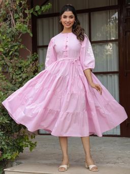 Gahan - Pink Solid Embroidered Tiered Midi Dress Pink Solid Embroidered Tiered Maxi Dress