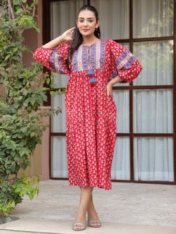 Gahan - Red Handblock Boho Puff Sleeve Midi Dress