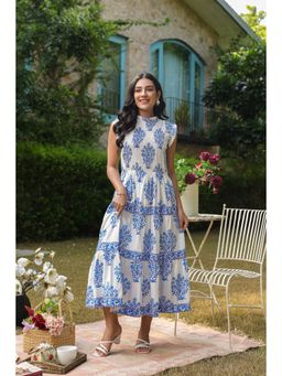 Gahan - Womens Blue Mughal Motifs & Smocking Yoke Sleeveless Cotton Printed Dress