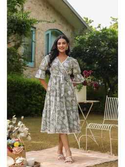 Gahan - Puff Sleeves & Tie-Up Detail Sage Green Floral Print Wrap Dress with Belt