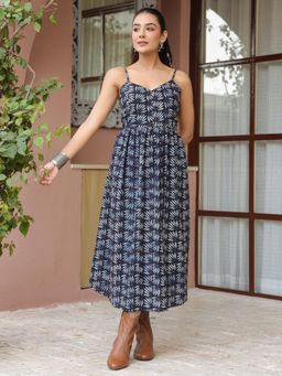 Gahan - Blue Booti Handblock Printed Sleeveless Midi Dress