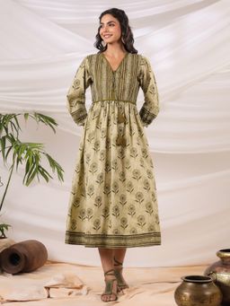 Gahan - Gul Olive Printed Cotton Dress