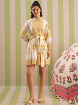 Gahan - Yellow Mughal Motif Tiered Cotton Dress with Belt
