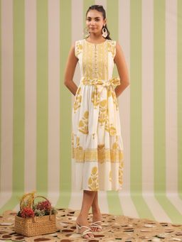 Gahan - Yellow Sleeveless Midi Dress with Belt