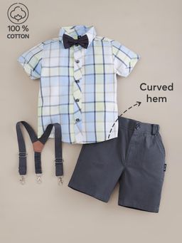 Hopscotch - Grey 2-Piece Classic Plaid Cotton Shirt with Shorts Formal Set